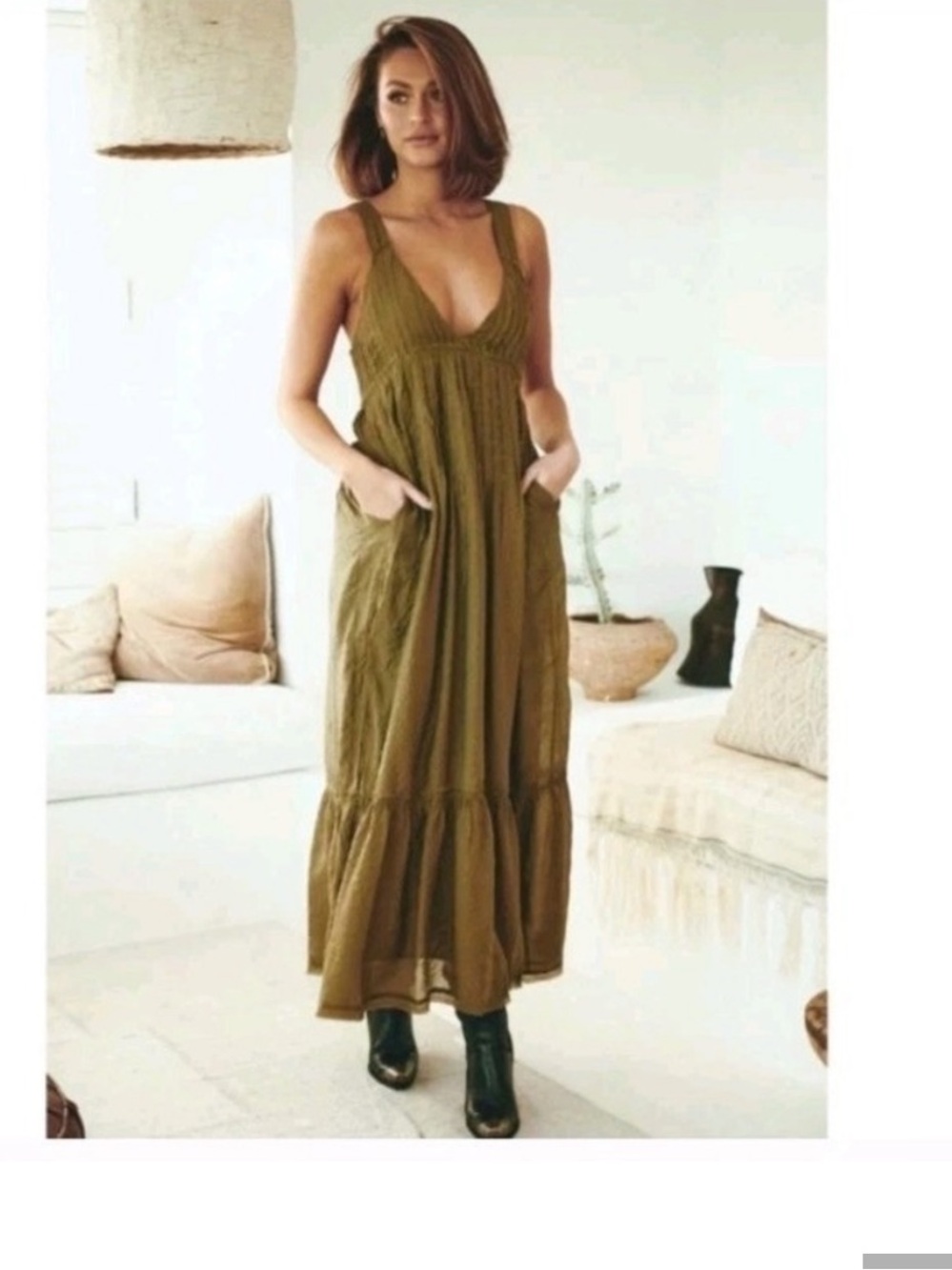 Free People Women's XS
Frankie Pintuck Maxi gauze western Dress in olive Boho